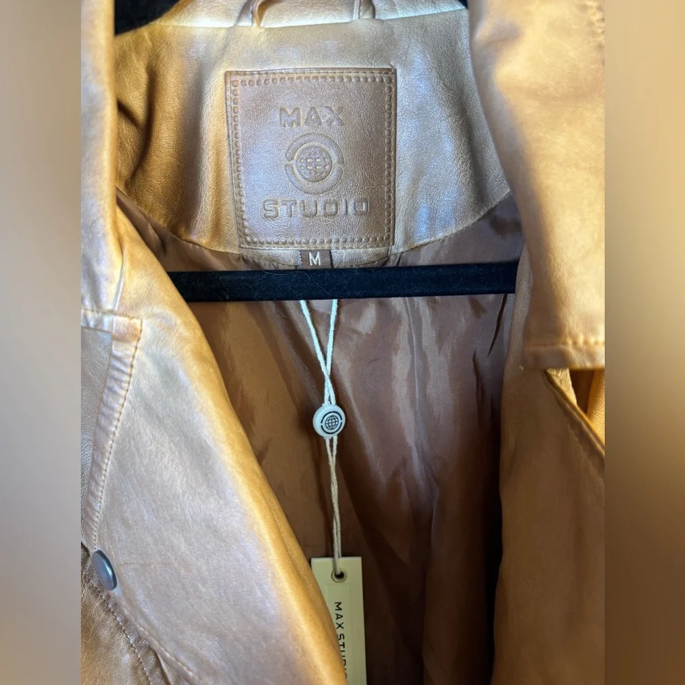 Max Studio Soft Tan Faux Leather Jacket Woman’s Medium NWT‎
